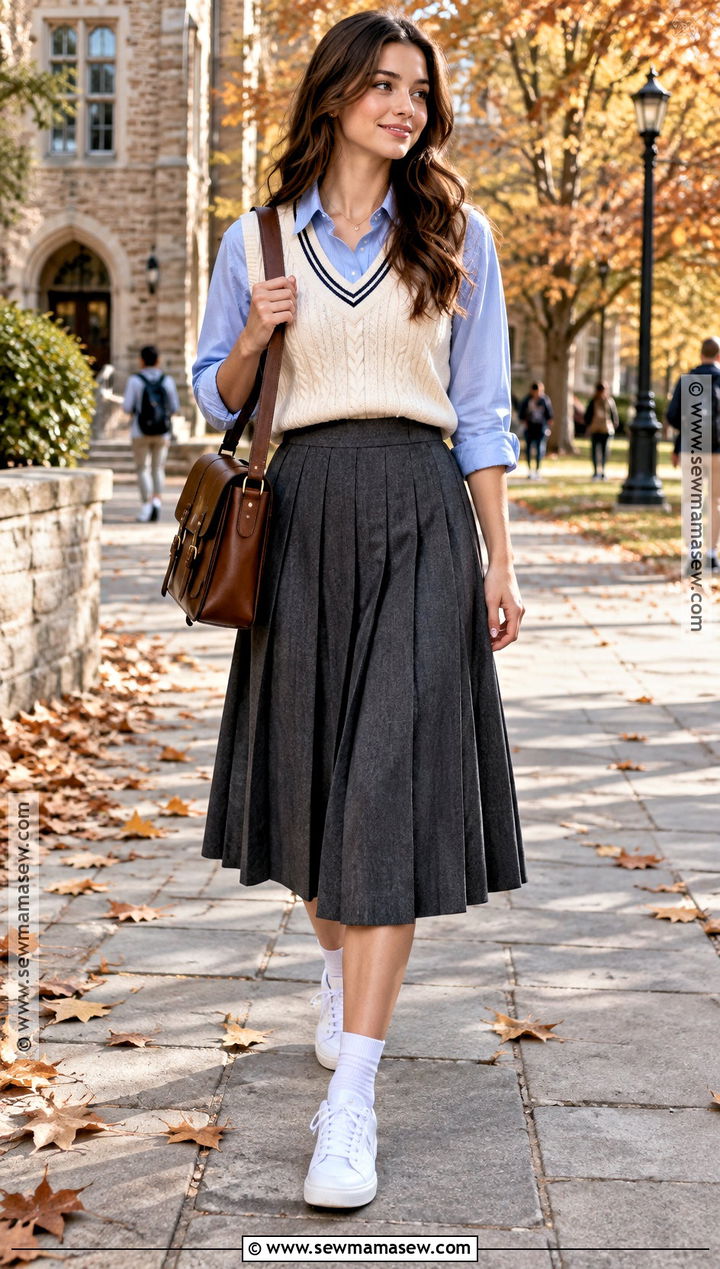 Sweater Vest And Pleated Midi Skirt School Outfit - 20 autumn school outfit ideas