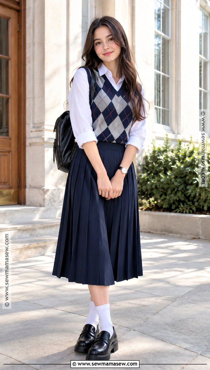 Sweater Vest And Pleated Midi Skirt School Outfit - 20 Fly Back To School Outfits