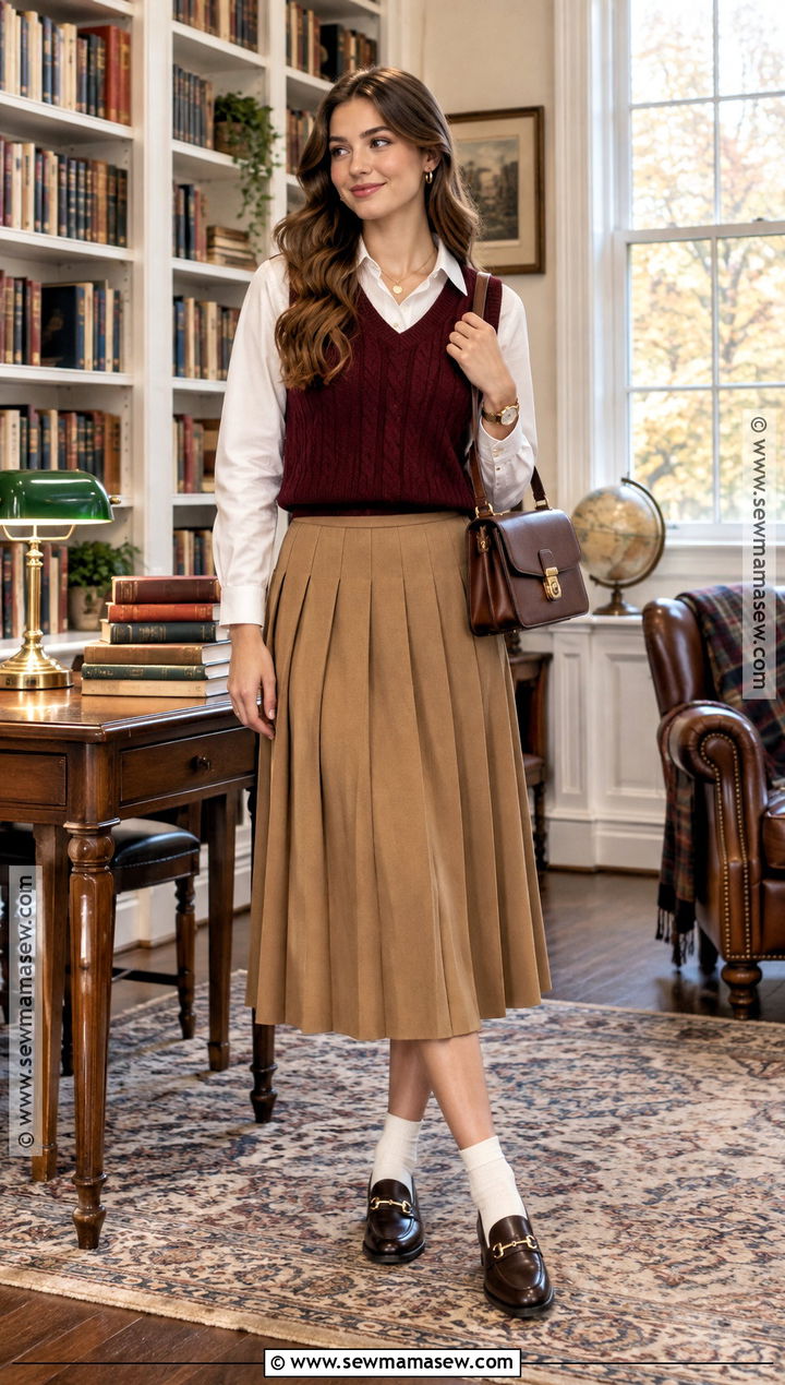 Sweater Vest And Pleated Skirt Fall Outfit - 15 Fall Themed Outfits Aesthetic