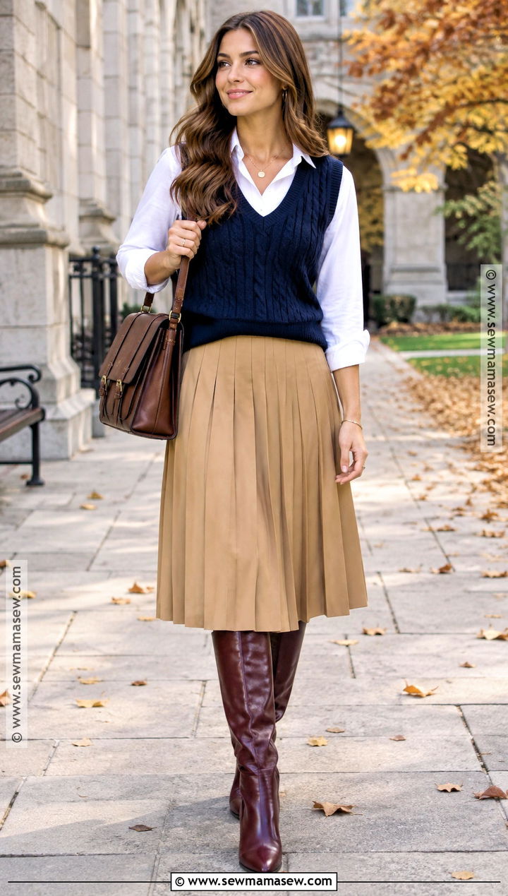 Sweater Vest And Pleated Skirt Fall Outfit - 15 Fall Vibes Clothes