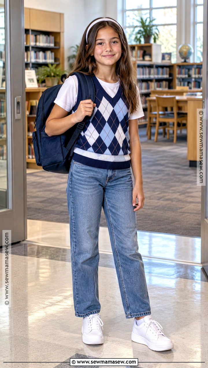 Sweater Vest And Straight Jeans Outfit - 25 back to school outfits middle school 6th grade