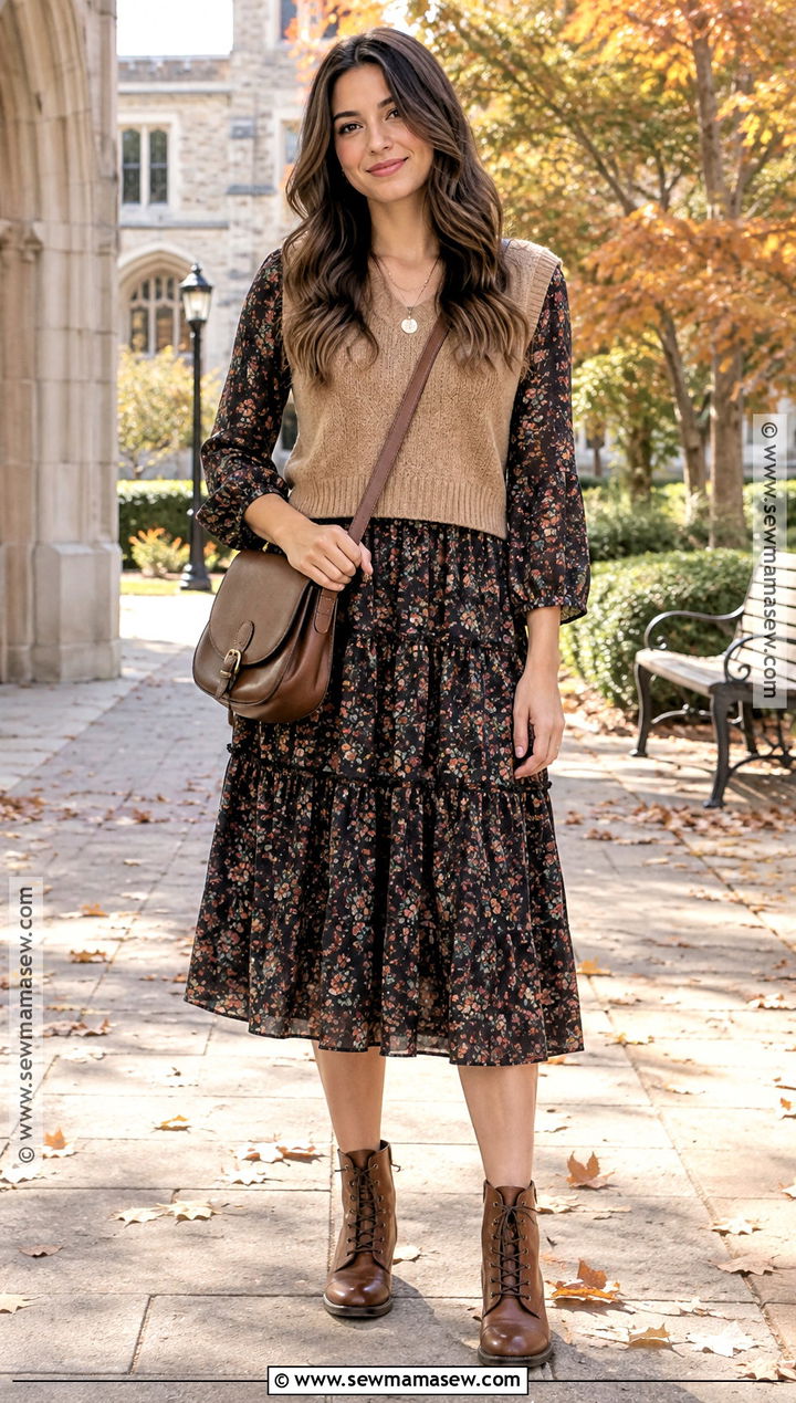Sweater Vest And Tiered Dress Boho Fall Outfit - 25 boho fall outfits
