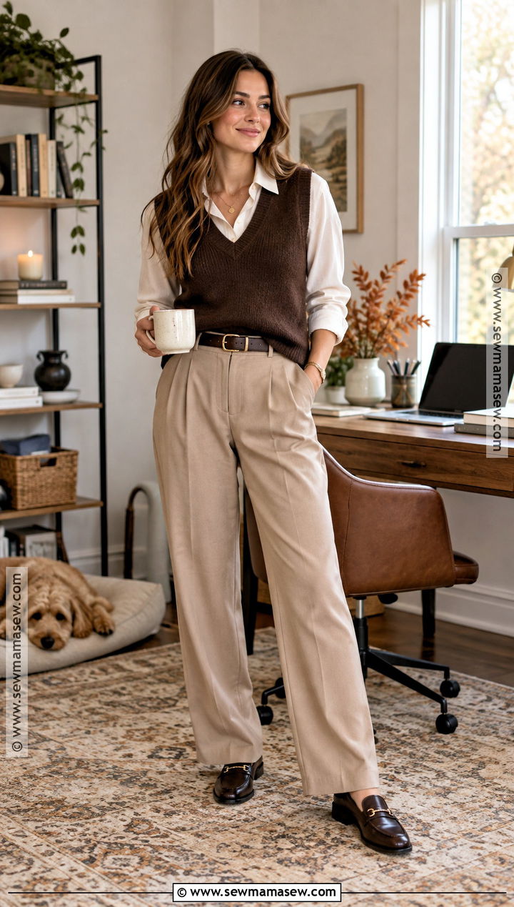 Sweater Vest And Trousers Fall WFH Outfit - 15 Work From Home Fall Outfit Ideas