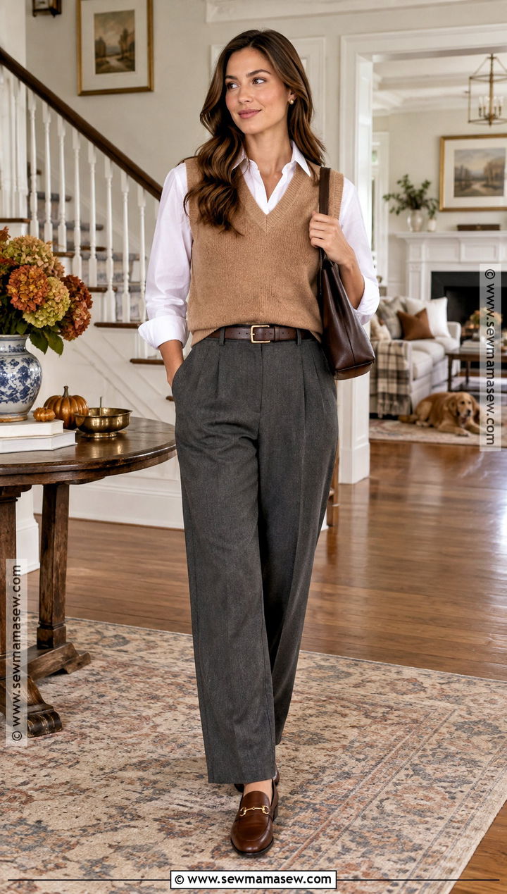 Sweater Vest And Trousers Thanksgiving Outfit - 20 Women Thanksgiving Outfit Ideas
