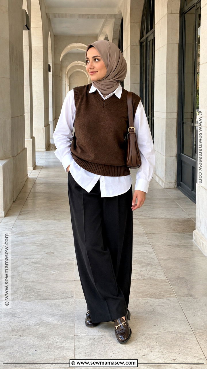 Sweater Vest And White Shirt Hijab Outfit - 20 Hijab Fashion Autumn Ideas