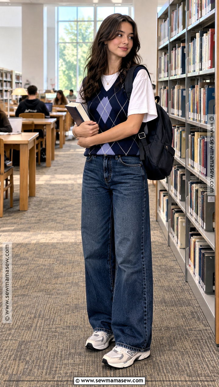 Sweater Vest And Wide Leg Jeans Outfit - 20 comfy back to school outfits
