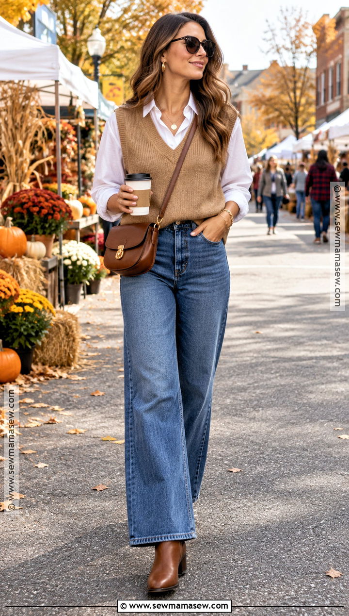Sweater Vest And Wide Leg Jeans Outfit - 20 festival fall outfit ideas
