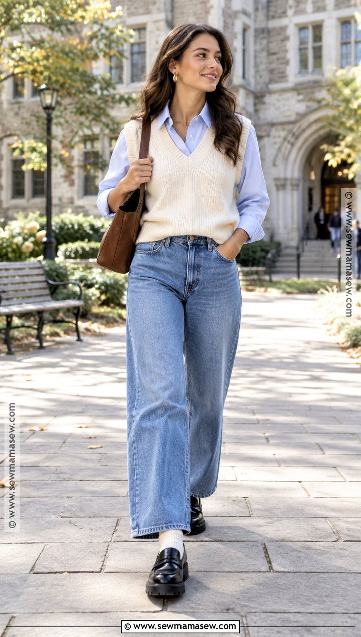 Sweater Vest And Wide Leg Jeans Outfit - 15 ootd fall ideas 2026