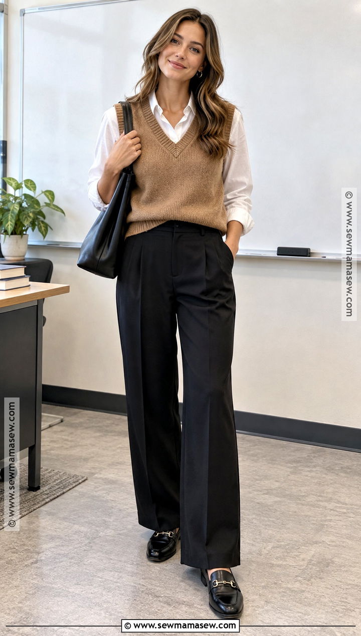 Sweater Vest And Wide Leg Pants Teacher Outfit - 15 fall fashion ideas for teachers