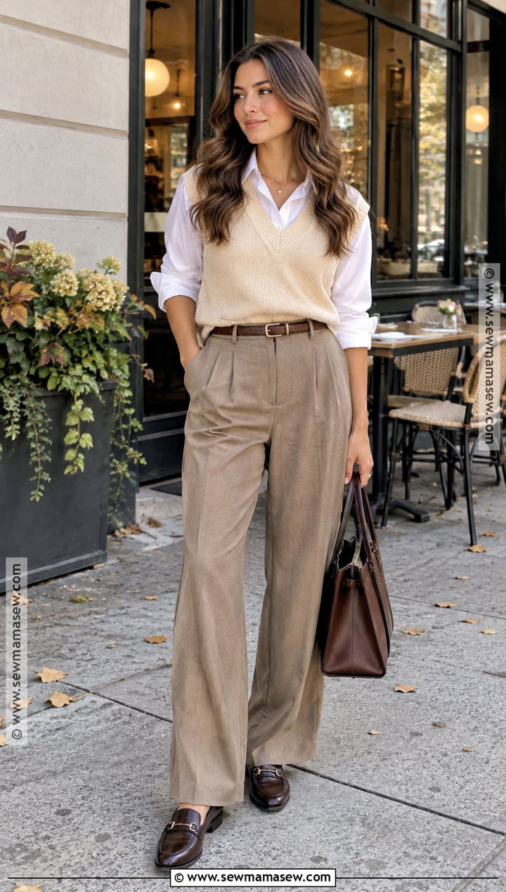 Sweater Vest And Wide Leg Trousers Autumn Outfit - 15 old money aesthetic outfit autumn ideas