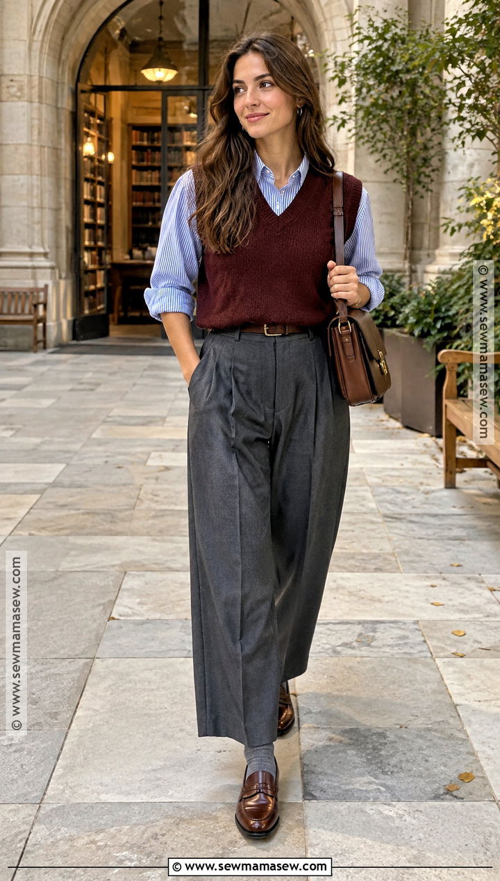 Sweater Vest Autumn Outfit With Pleated Trousers - 20 autumn clothes for women