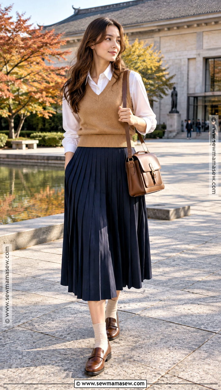 Sweater Vest Button Down Shirt Midi Skirt And Loafers - 20 Japan Outfit Fall Season Ideas