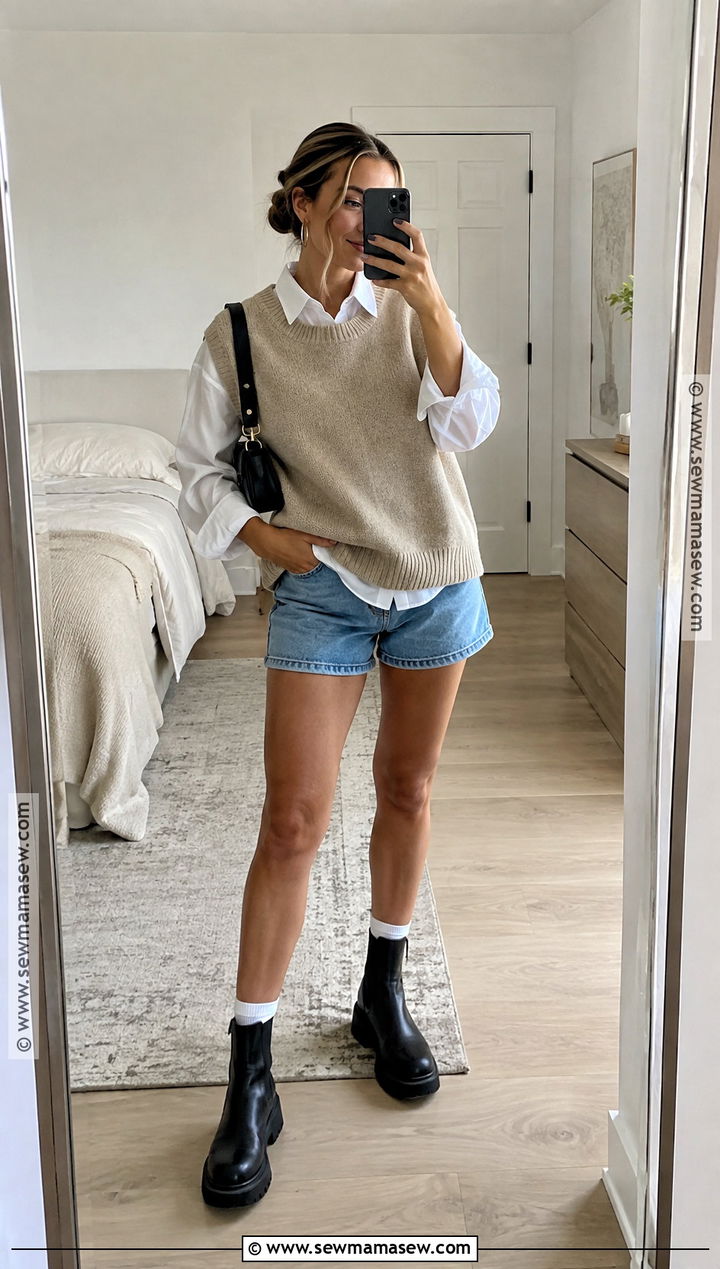 Sweater Vest Denim Shorts And Chunky Boots Outfit - 15 Fall Outfits With Shorts And Boots