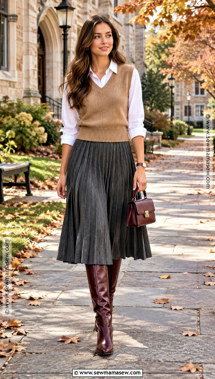 Sweater Vest Fall Outfit With A Pleated Skirt - 15 cool day outfit fall ideas