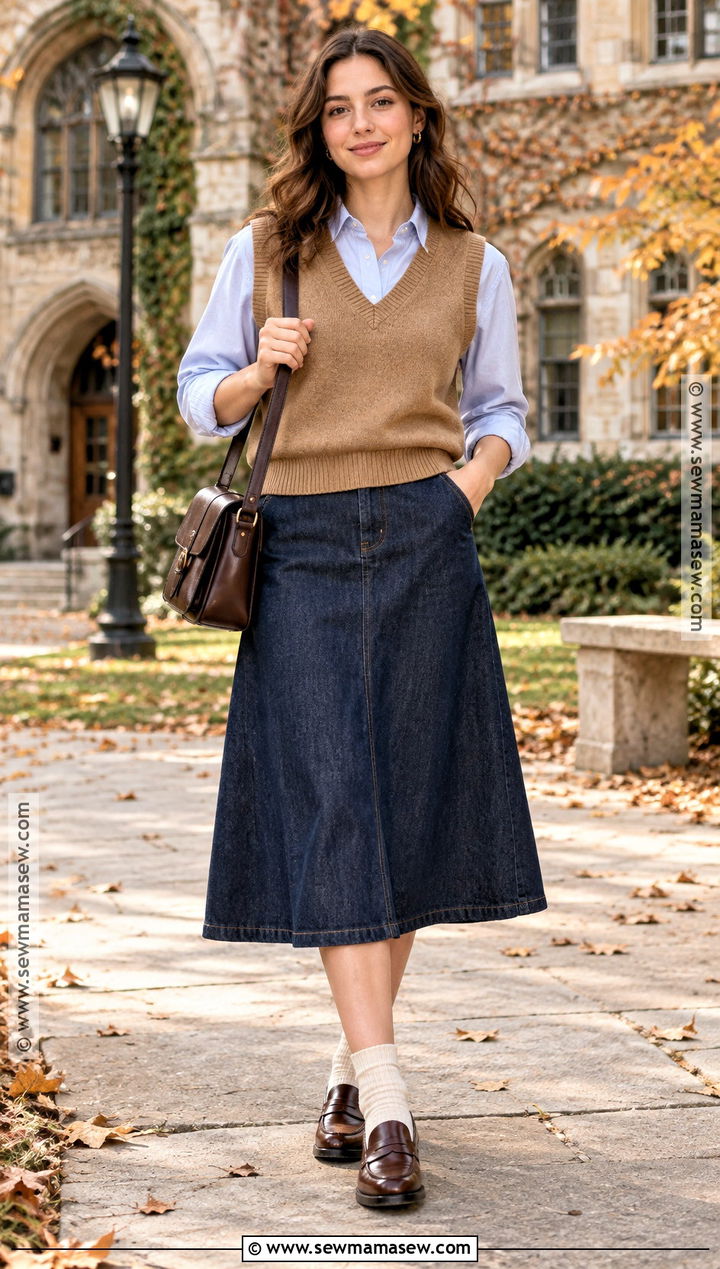 Sweater Vest Jean Midi Skirt And Loafers - 25 jean skirt fall outfits