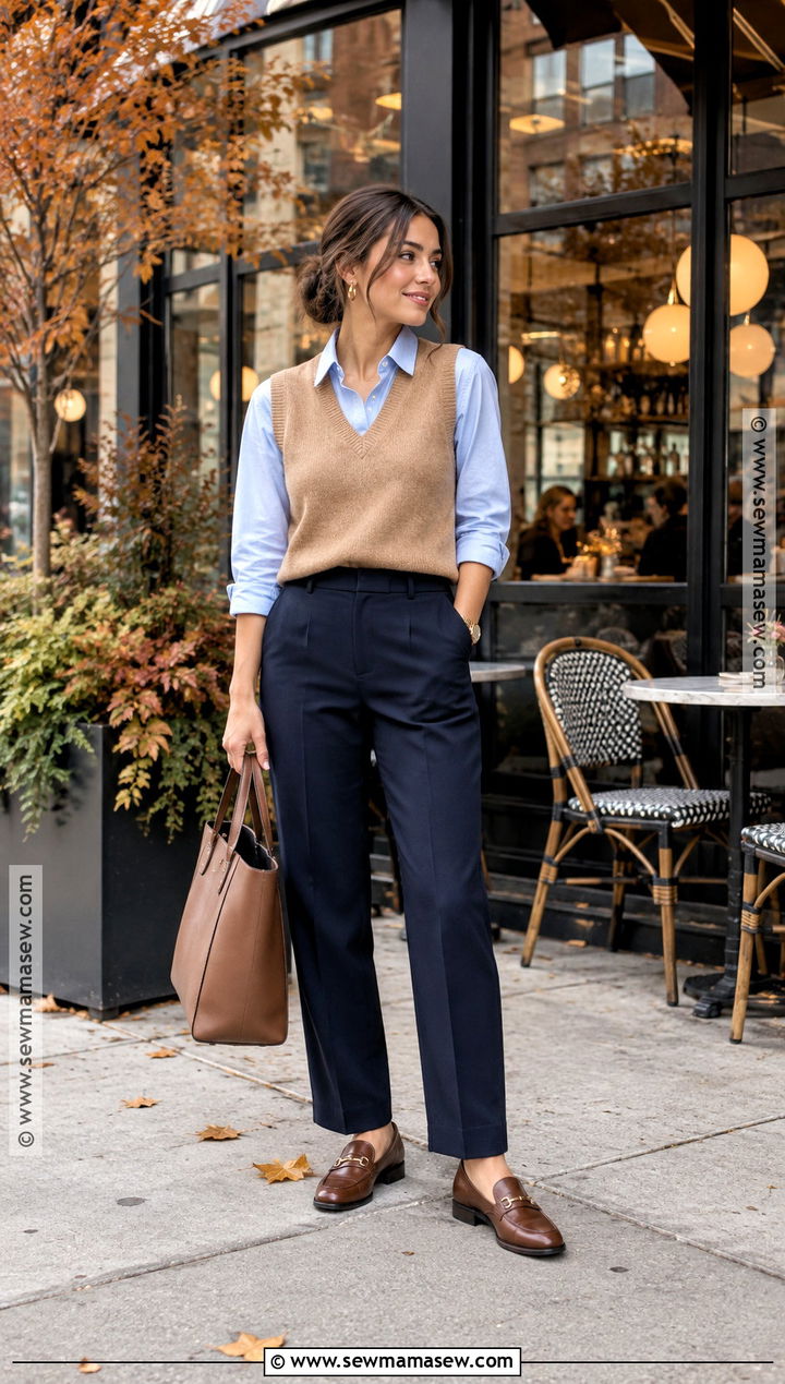 Sweater Vest Shirt And Tailored Trousers Afternoon Drinks Outfit - 15 afternoon drinks outfit autumn ideas