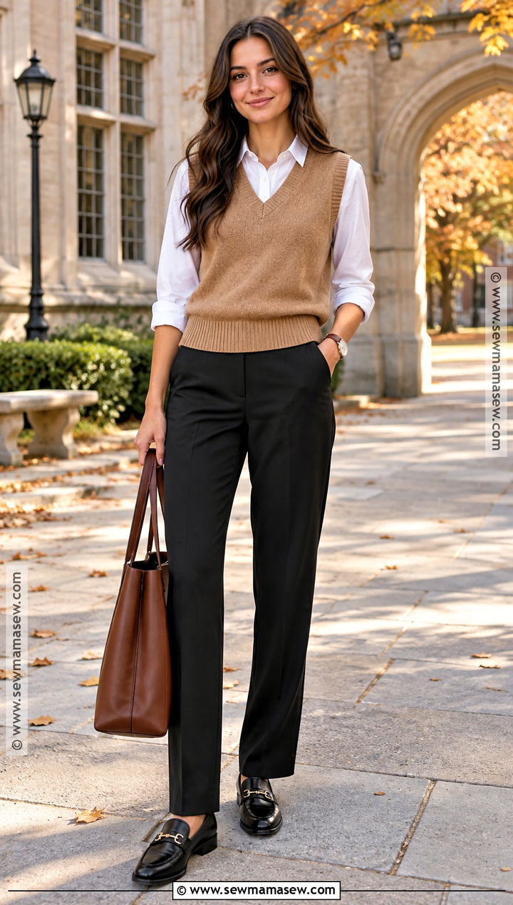 Sweater Vest White Shirt and Trousers Fall Outfit - 15 budget-friendly fall wardrobe ideas