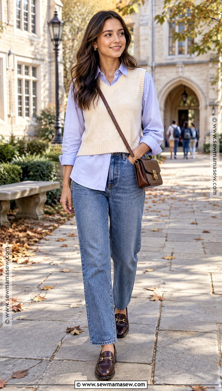 Sweater Vest With Button Down And Jeans - 25 comfortable fall outfits