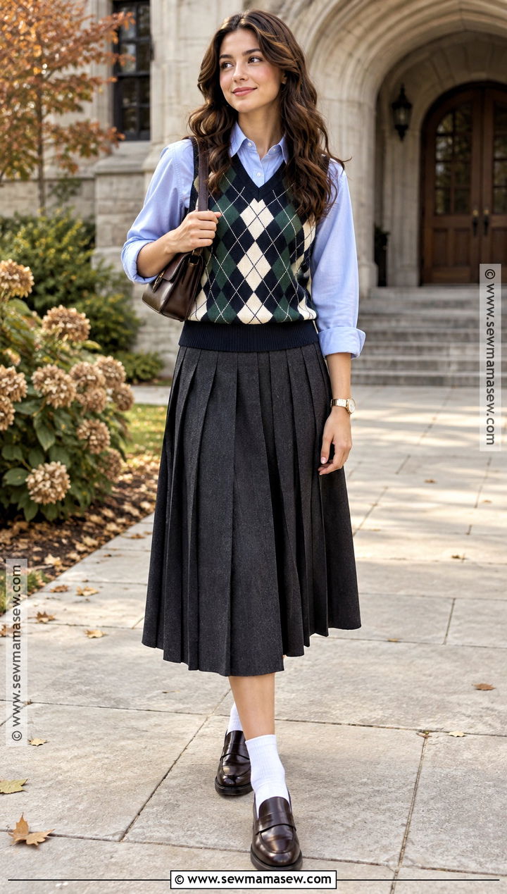 Sweater Vest With Button Down And Pleated Skirt - 15 Fall Sweater Weather Ideas