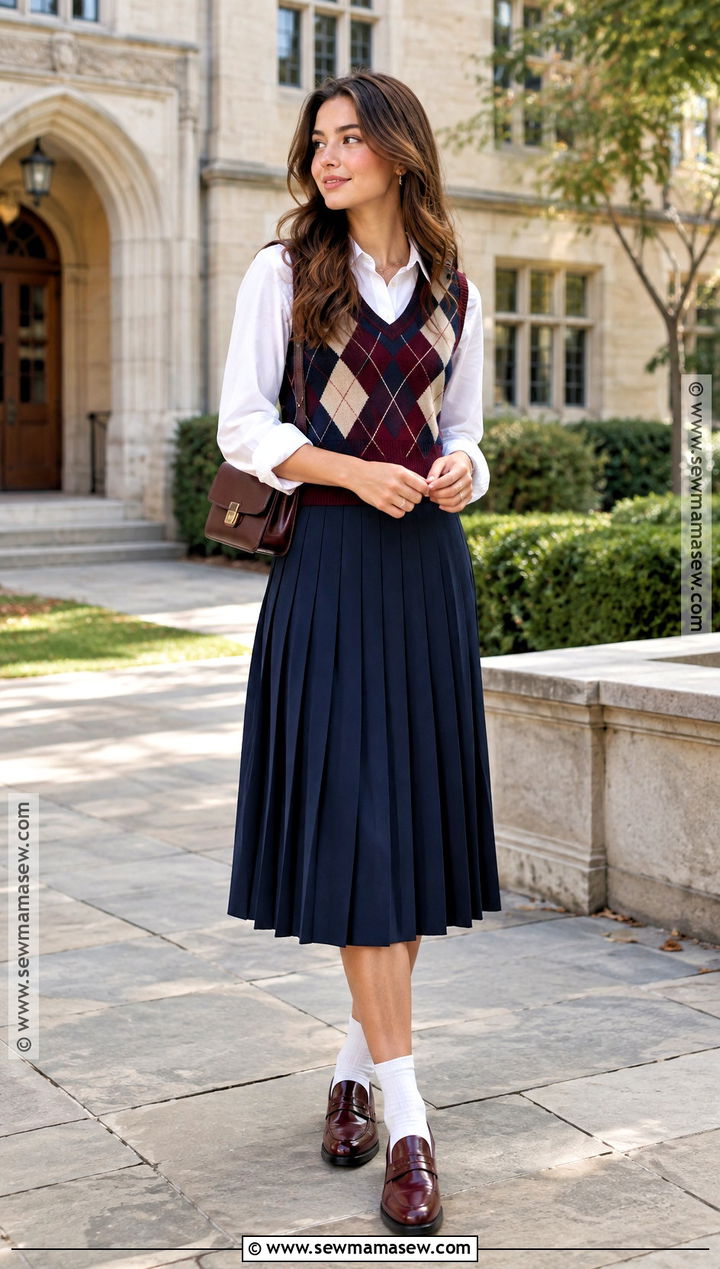 Sweater Vest With Button Down And Pleated Skirt - 15 Cute Fall Sweater Style Ideas