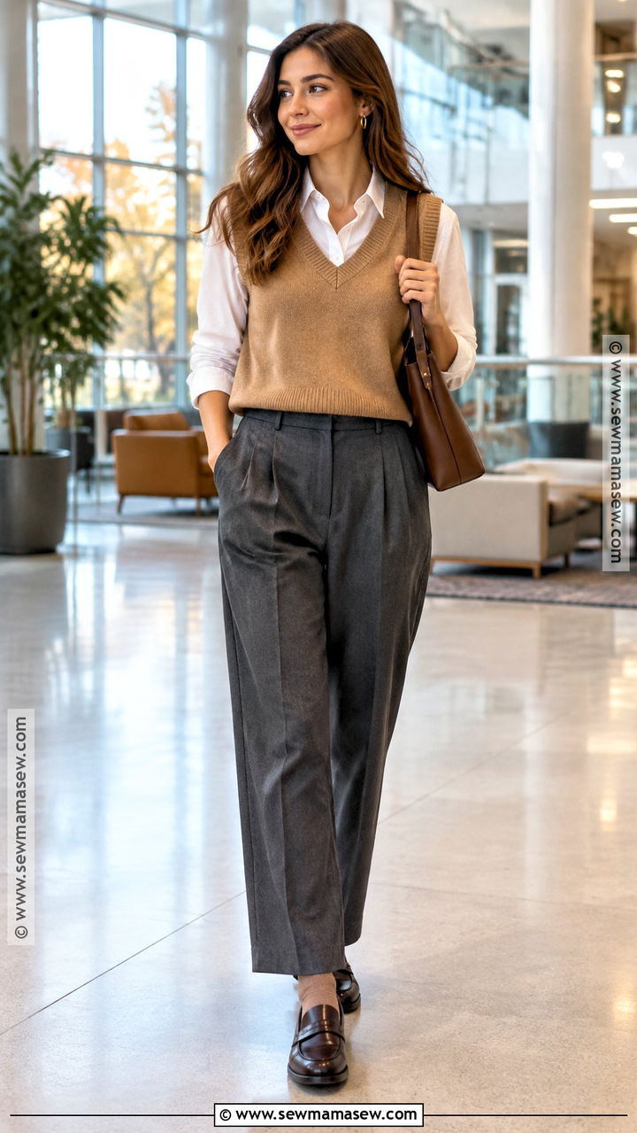 Sweater Vest With Button Down And Trousers Fall Outfit - 20 Warmer Fall Outfits