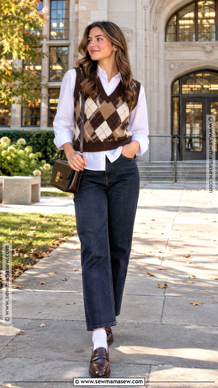 Sweater Vest With Button Down Shirt And Jeans - 20 Fall Outfits With Sweaters
