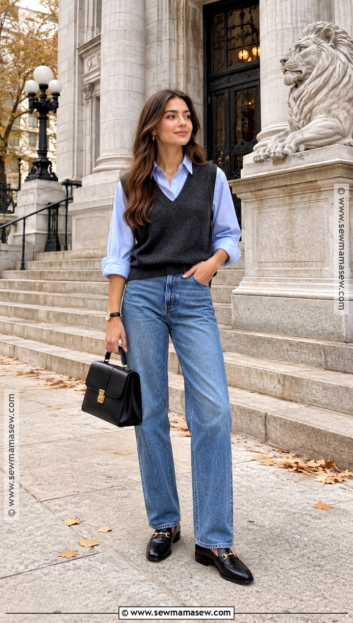Sweater Vest With Button Down Shirt And Jeans - 25 fall city outfits