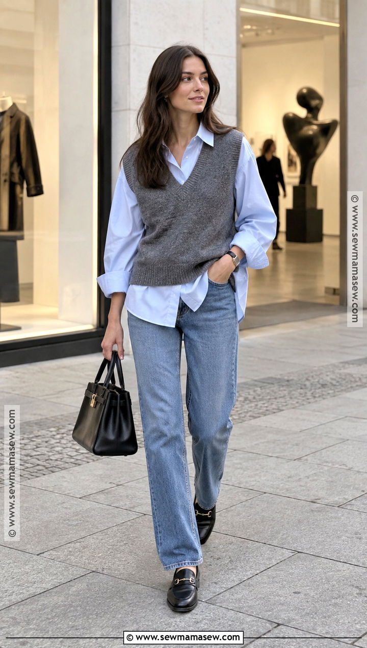 Sweater Vest With Button Down Shirt And Jeans - 15 berlin in september outfit ideas