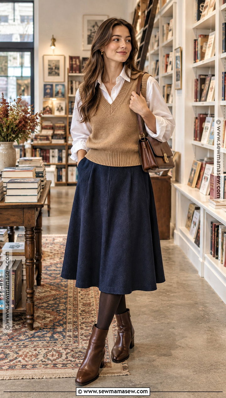 Sweater Vest With Button Down Shirt And Midi Skirt - 20 Fall Sweaters Outfits