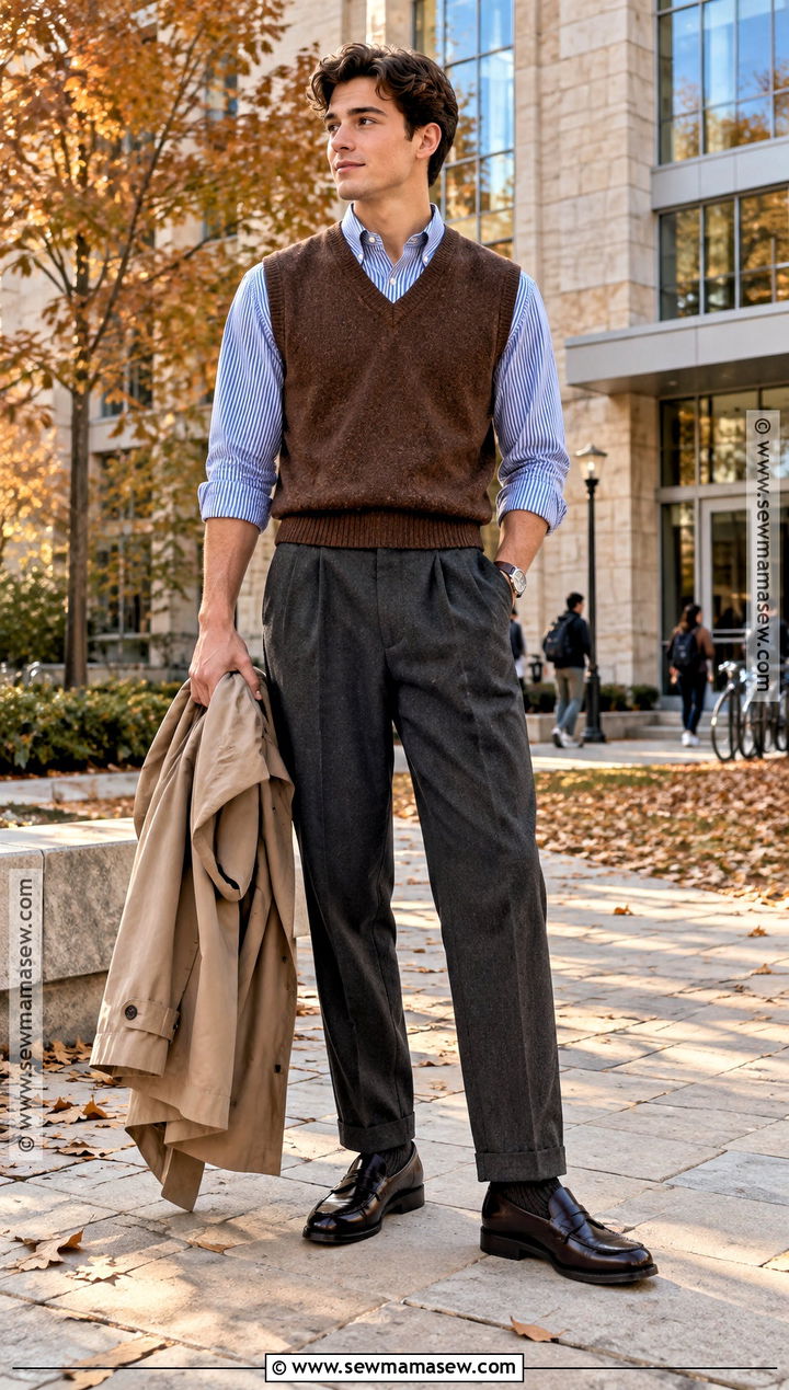 Sweater Vest With Button Down Shirt And Pleated Pants - 15 mens fall sweaters outfits