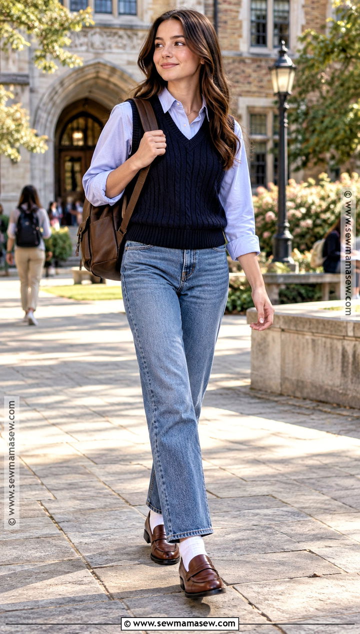 Sweater Vest With Button Down Shirt And Straight Jeans - 20 outfits for fall school