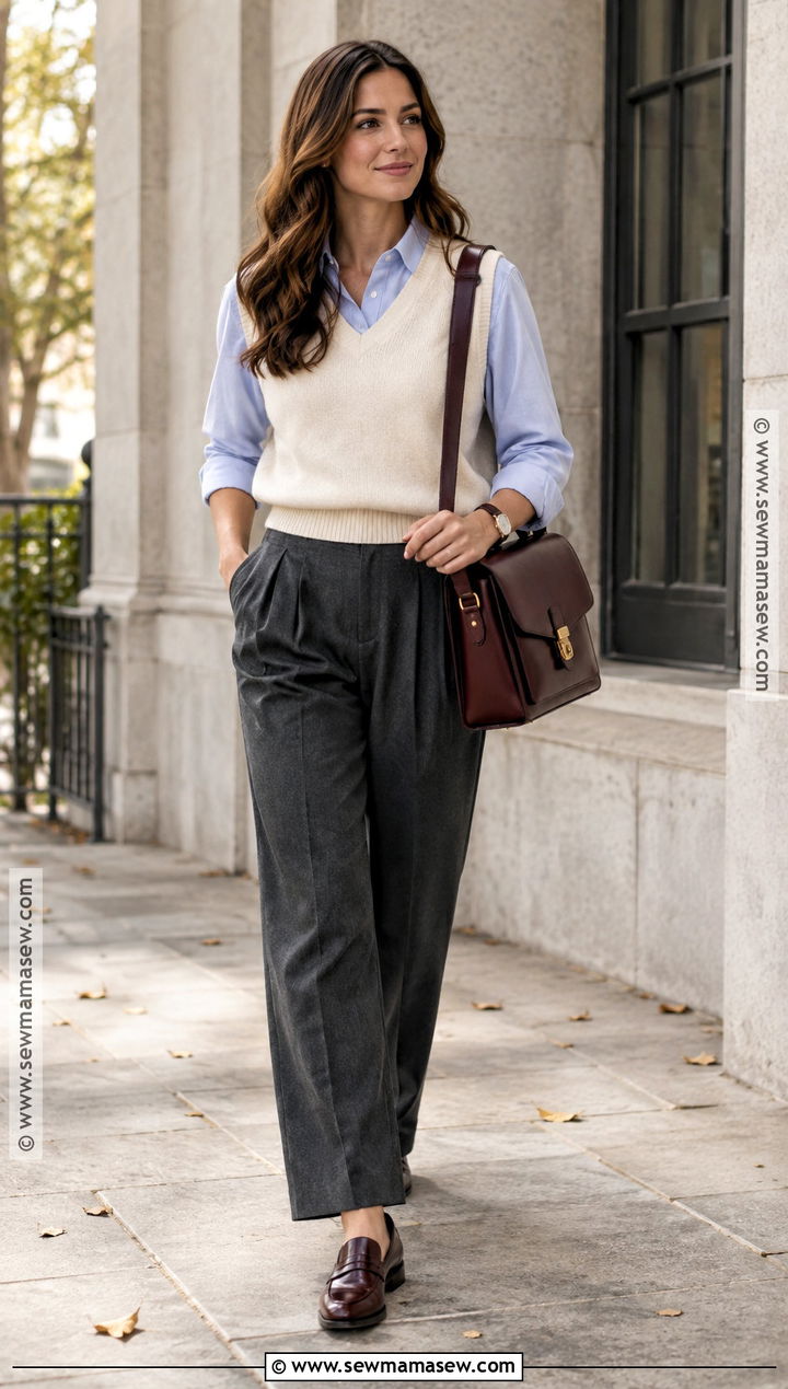 Sweater Vest With Button Down Shirt And Trousers - 25 comfy autumn outfits
