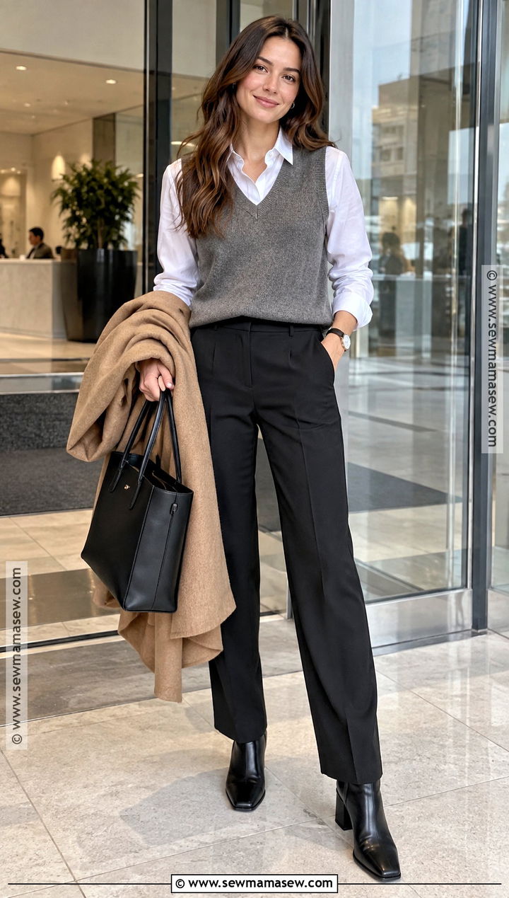 Sweater Vest With Button Down Shirt And Trousers Outfit - 20 fall to winter outfits