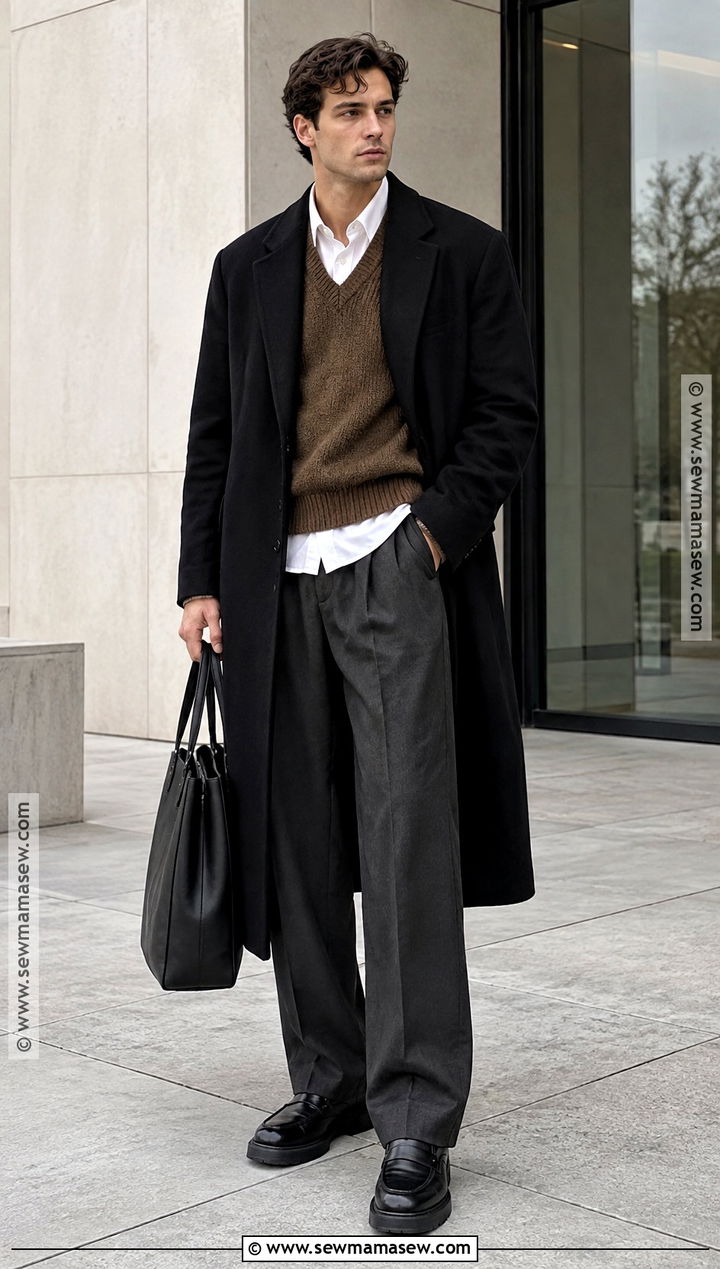 Sweater Vest With Button Down Shirt And Wide Leg Trousers - 15 fall outfits men autumn sweaters
