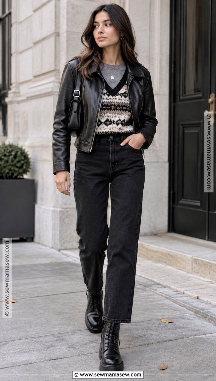 Sweater Vest With Leather Jacket And Black Jeans - 25 sweater vest outfit fall ideas