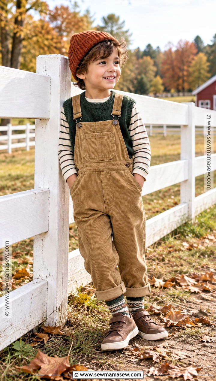 Sweater Vest With Long Sleeve Tee And Corduroy Overalls - 15 kids knitwear fall fashion ideas