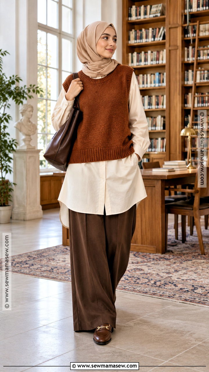 Sweater Vest With Long Tunic And Palazzo Pants - 20 Muslim Fall Outfits