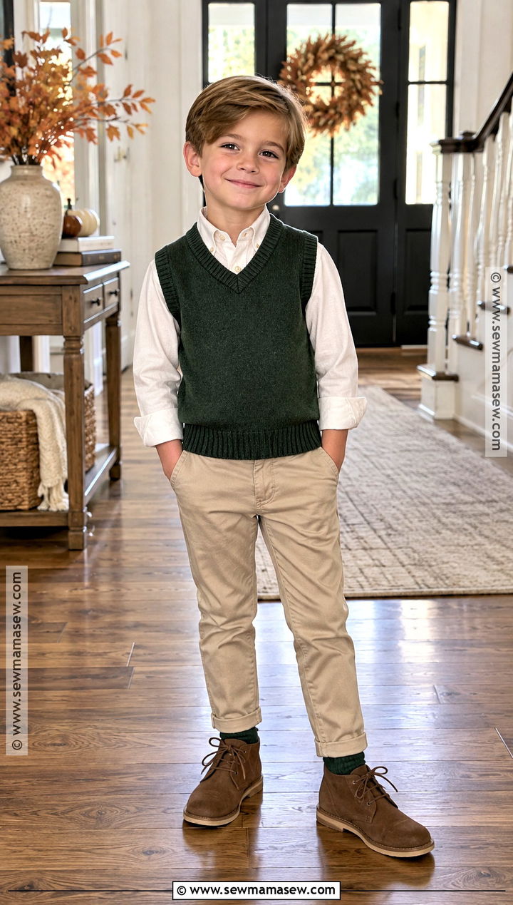 Sweater Vest With Oxford Shirt And Khaki Pants - 20 kids thanksgiving outfits