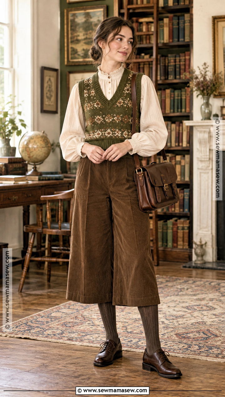 Sweater Vest With Prairie Blouse And Culottes - 20 Fall Whimsical Outfit Ideas