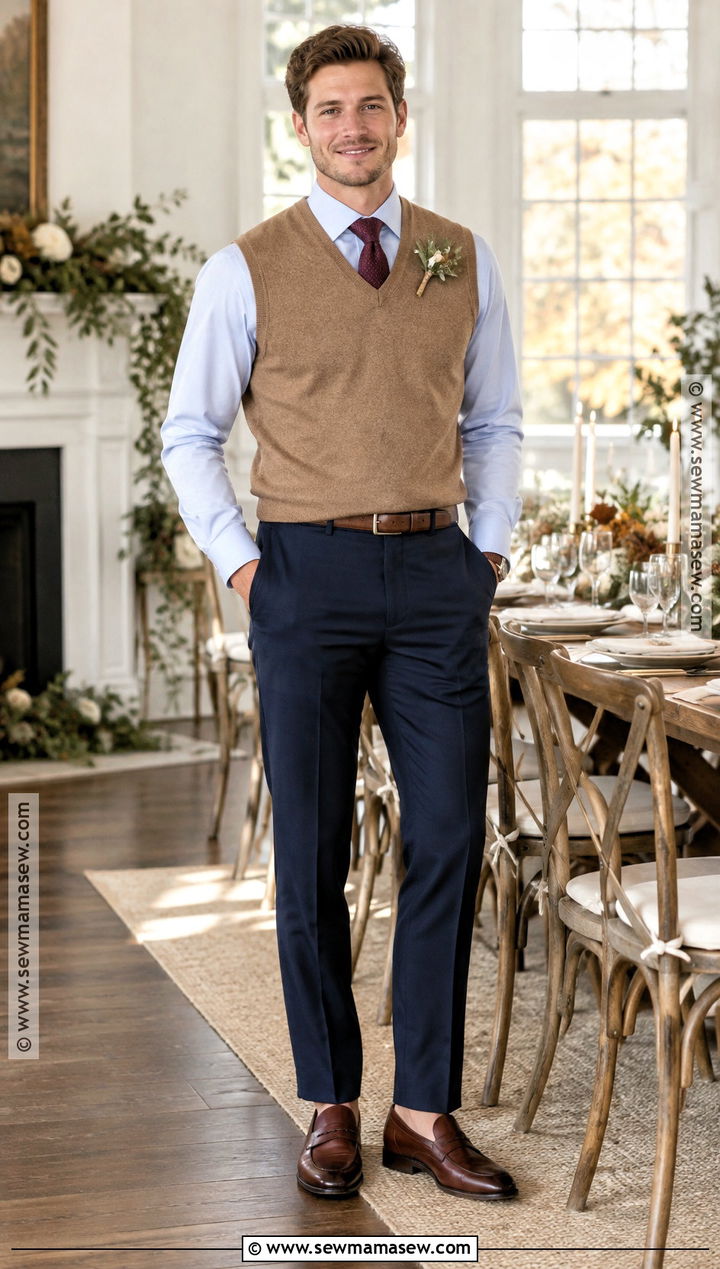 Sweater Vest With Tailored Trousers - 15 casual fall wedding groom attire ideas