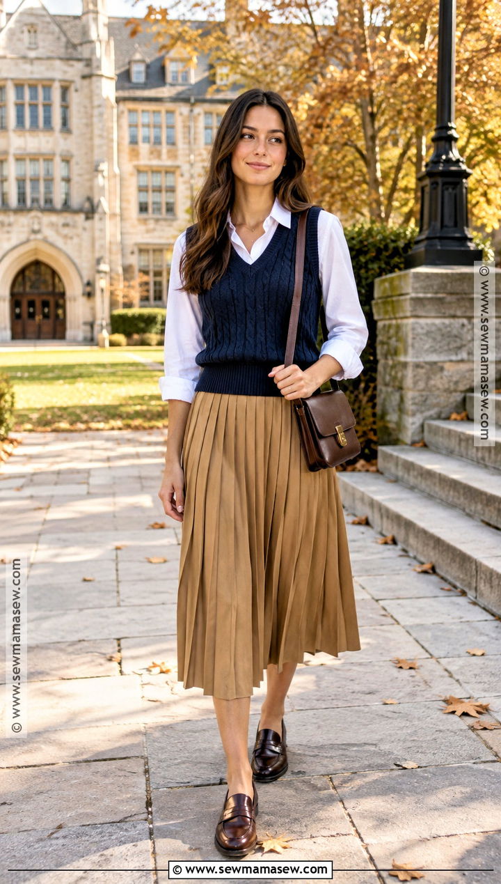 Sweater Vest With White Shirt And Midi Skirt - 20 Autumn Sweaters