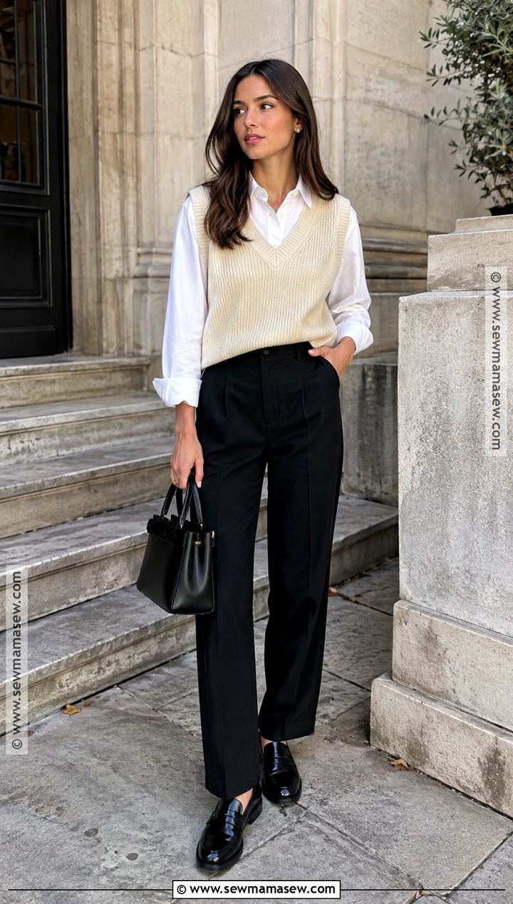 Sweater Vest With White Shirt And Trousers - 20 fall clean girl outfits