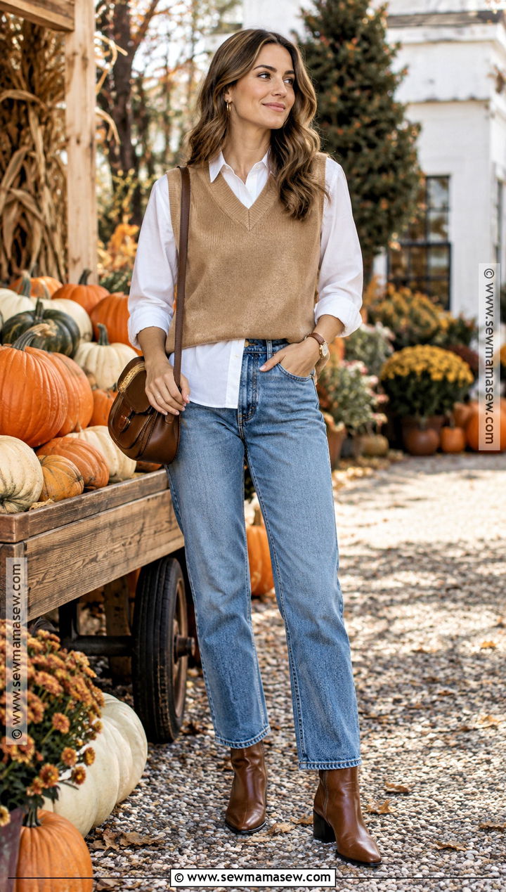 Sweater Vest and Button Down Pumpkin Patch Outfit - 20 Pumpkin Patch Photoshoot Outfits
