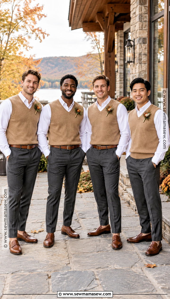 Sweater Vest and Dress Pants Groomsmen Attire - 15 casual fall groomsmen attire ideas