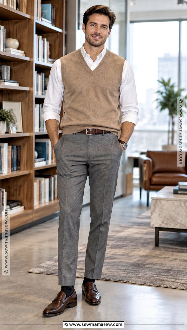 Sweater Vest and Oxford Shirt Business Casual Outfit - 20 fall business casual outfits for men