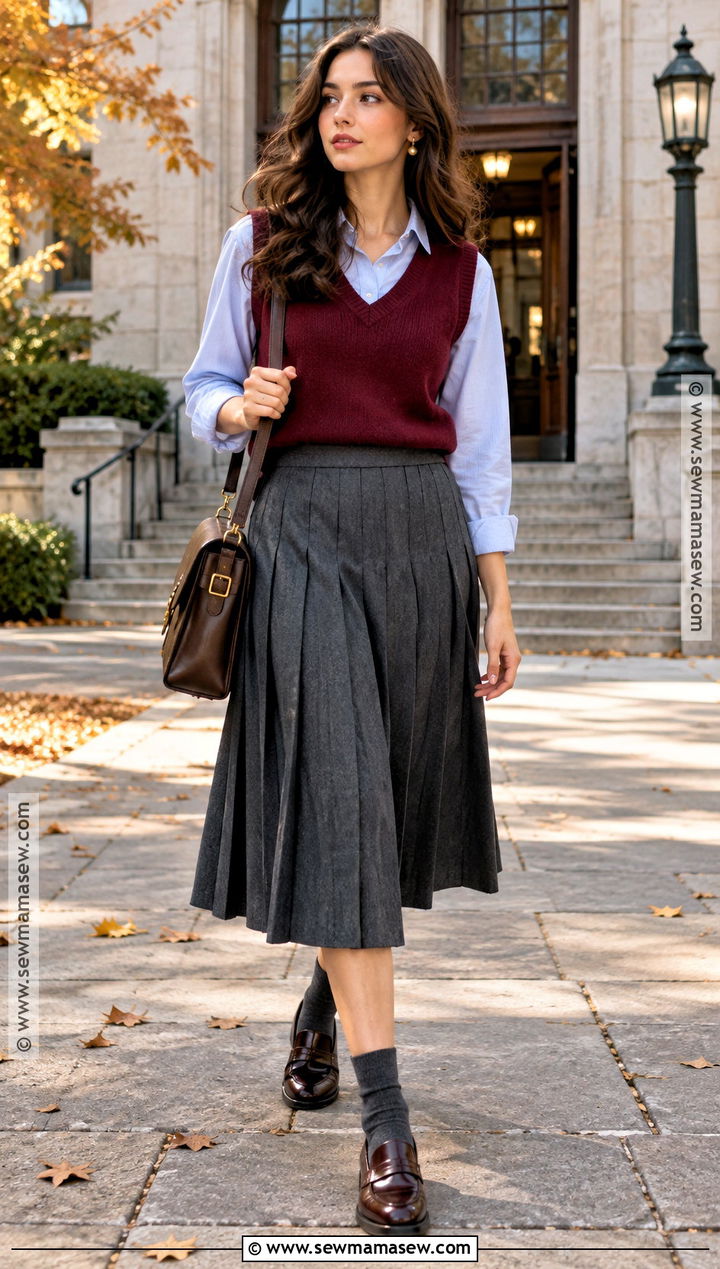 Sweater Vest and Pleated Midi Skirt Fall Outfit - 20 Trendy Fall Outfits for Women