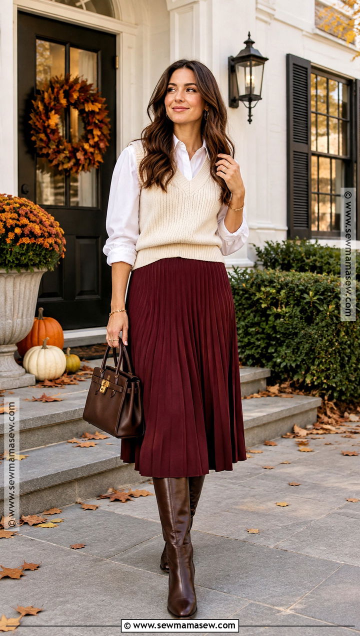Sweater Vest and Pleated Skirt Outfit - 25 chic thanksgiving outfit ideas
