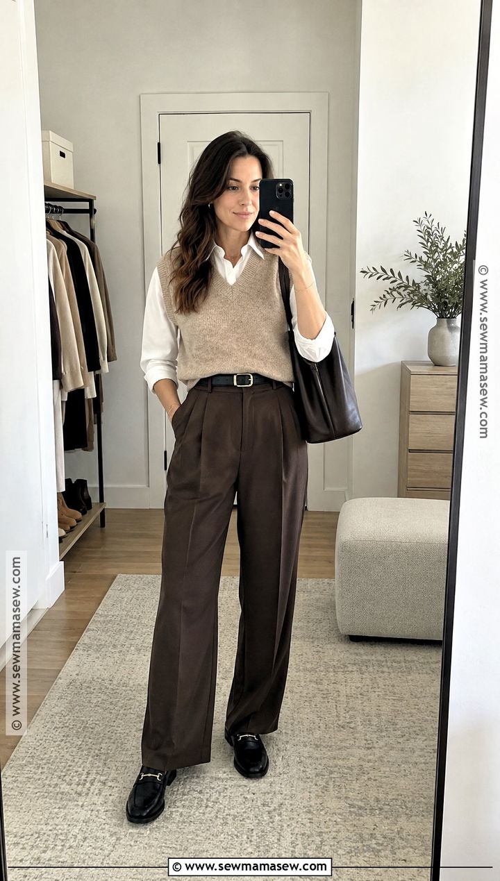 Sweater Vest and Pleated Trousers Fall Outfit - 15 fall fashion for over 30 ideas