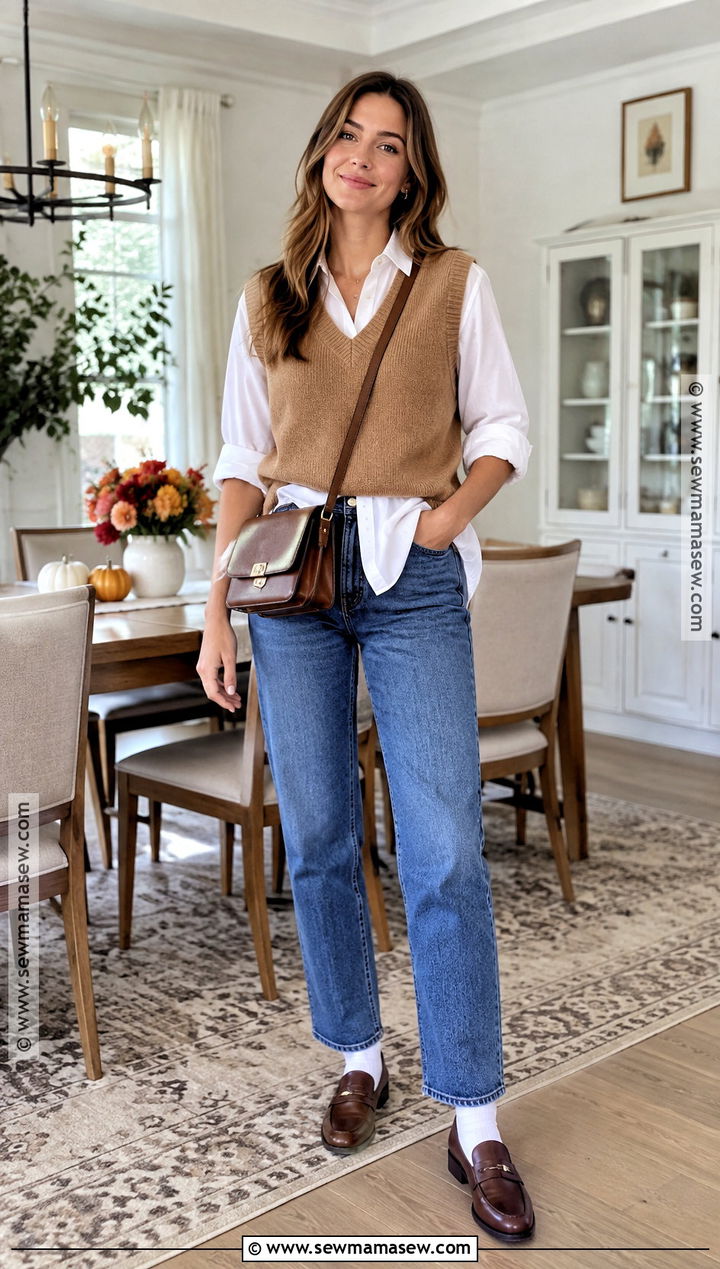 Sweater Vest and Straight Leg Jeans Thanksgiving Outfit - 25 Chill Thanksgiving Outfits