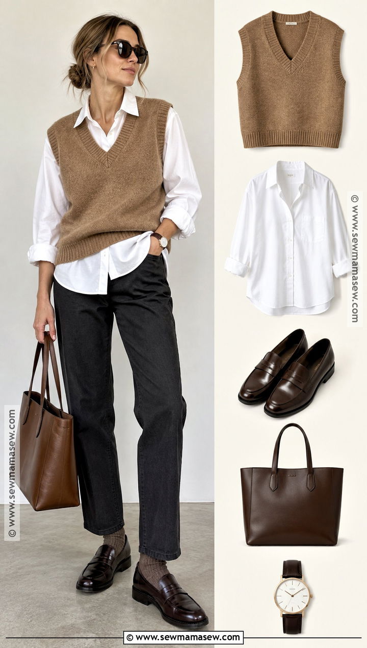 Sweater Vest and White Shirt Autumn Outfit - 15 cozy autumn outfit collage ideas
